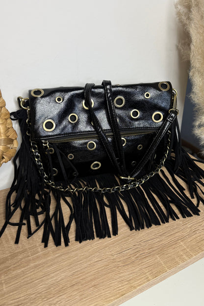 Sac Pochette rabat noir brillant avec des oeillets 