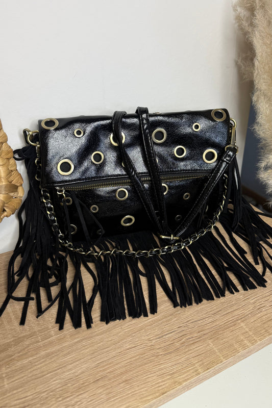 Sac Pochette rabat noir brillant avec des oeillets 